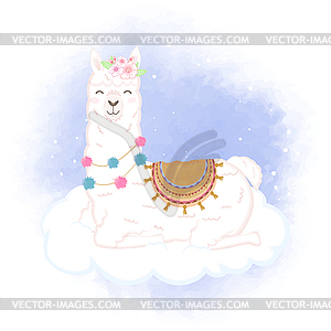 Cute Llama on the  cloud cartoon watercolor - vector clip art