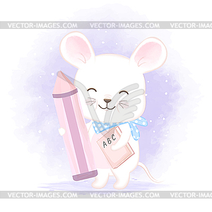Cute mouse holding book and pencil - vector clip art