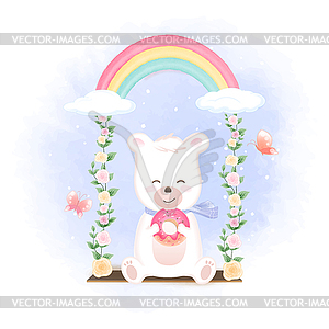 Cute bear holding donut on swing and butterflies - vector image