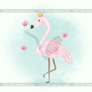 Flamingo and butterflies - color vector clipart