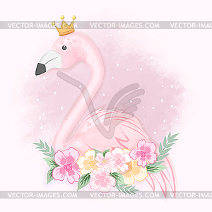 Cute flamingo with flowers, animal watercolor - vector clipart / vector image