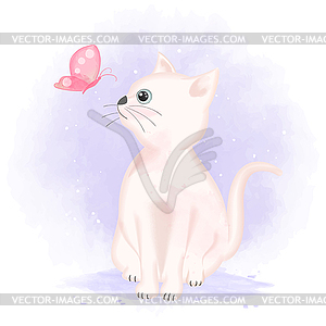 Cute cat looking butterfly, cartoon animal - vector clipart