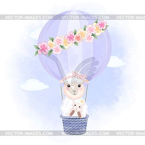 Baby sheep and mom floating on hot air balloon - stock vector clipart