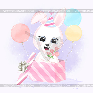 Cute baby rabbit in gift box and balloons cartoon - vector clipart