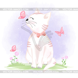 Cute cat and butterflies, cartoon animal - royalty-free vector image