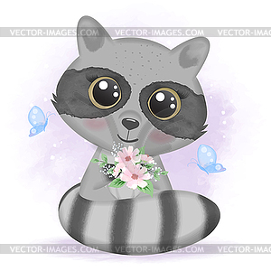 Cute baby raccoon with butterflies and floral, - vector clipart