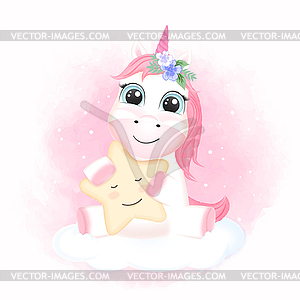 Cute Little Unicorn hugging star on cloud cartoon - vector image