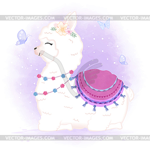 Cute Baby Llama and butterflies cartoon , - vector image