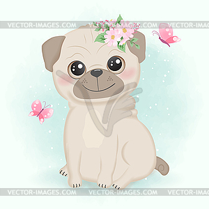 Cute little pug cartoon watercolor - vector image