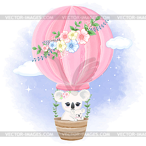 Baby Koala and mother on hot air balloon cartoon - vector image