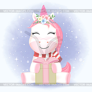 Cute baby Unicorn and gift box cartoon Christmas - color vector clipart