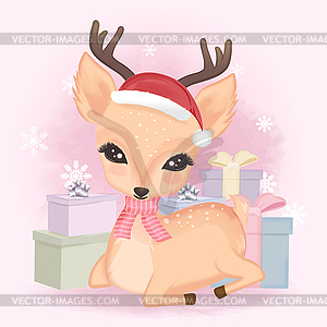 Cute Deer and gift box cartoon Christmas - vector clipart