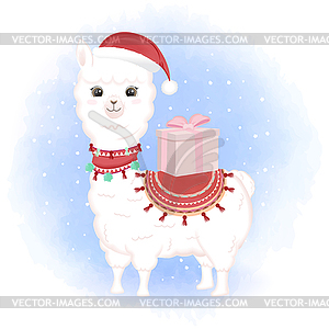 Cute baby Llama and gift box cartoon Christmas - vector clip art