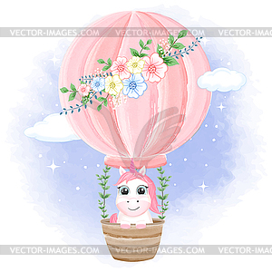 Baby Unicorn on hot air balloon cartoon animal - vector clipart / vector image