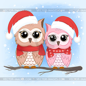 Cute Couple Owl cartoon watercolor winter - vector clip art