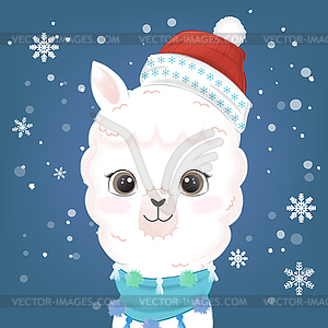 Cute Llama and snow cartoon watercolor - color vector clipart