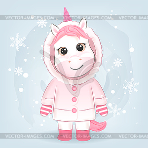 Cute little unicorn and Snowflake cartoon - color vector clipart