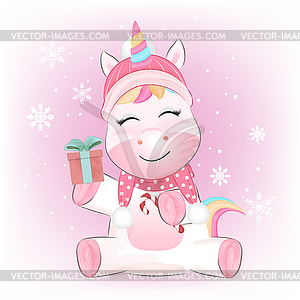 Cute little unicorn and gift box. Christmas season - vector clipart