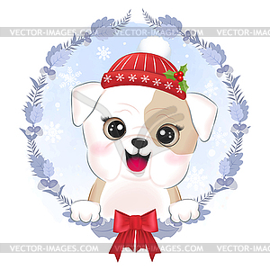 Cute little bulldog with wreath Christmas  - vector image