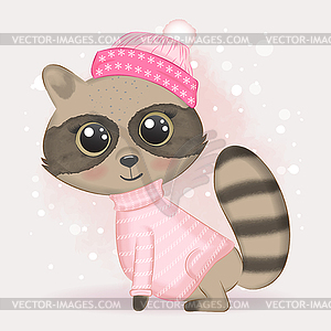 Cute Baby Raccoon and Snow cartoon Christmas - vector clipart