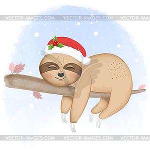 Cute sloth on tree cartoon watercolor illustratio - vector image