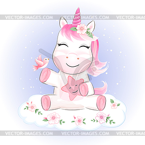 Little Unicorn and birds on cloud cartoon animal - vector image