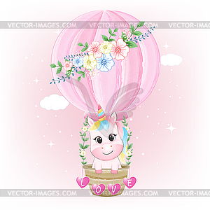 Unicorn in hot air balloon cartoon animal watercolor - vector clipart