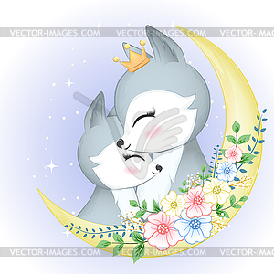 Cute couple Fox and moon cartoon animal watercolor - vector clipart