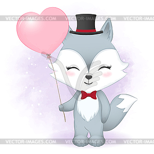 Cute Fox and balloon valentine`s day concept - vector image