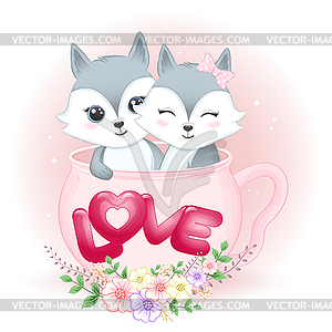 Cute couple Fox in cup valentine`s day concept - vector clipart