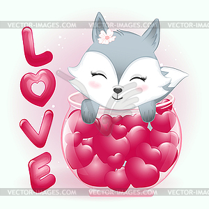 Cute Fox and heart in jar valentine`s day concept - vector clip art