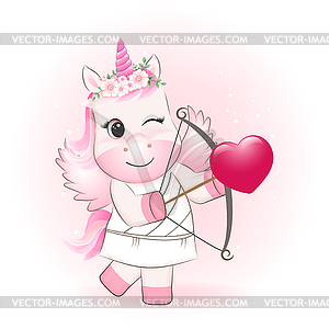 Little Cupid Unicorn and heart valentine`s day - vector clipart / vector image