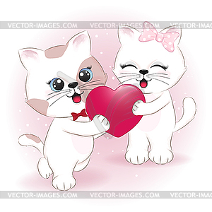 Cute couple cat and heart valentine`s day concept - color vector clipart