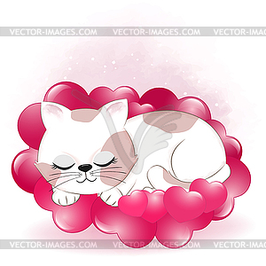 Cute cat sleeping on hearts valentine`s day concept - vector image