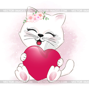 Cute little cat and heart valentine`s day concept - vector image