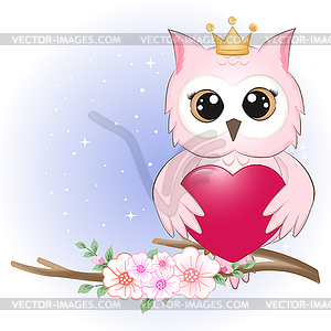 Cute owl and heart valentine`s day concept - royalty-free vector clipart