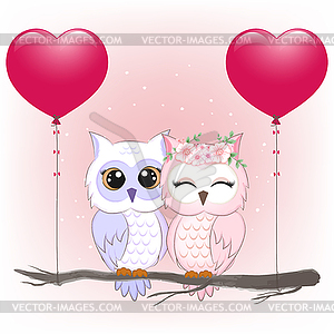 Cute couple owl and heart balloons, valentine`s - vector image