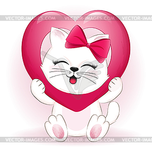 Маленькая кошка и сердце день святого валентина концепция - клипарт в векторном виде