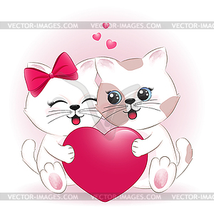 Cute couple cat and heart valentine`s day concept - vector clipart