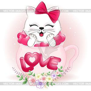 Cute little cat and hearts in cup valentine`s day - vector clipart