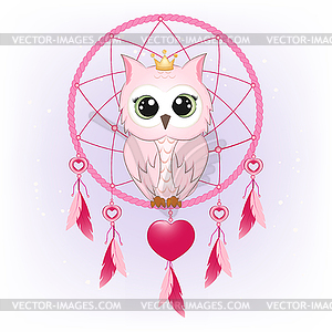 Cute Owl and dream catcher, valentine`s day concept - color vector clipart