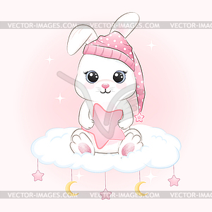 Cute Little Rabbit on cloud cartoon animal waterc - vector image