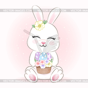 Cute Little Rabbit and eggs in basket cartoon anima - vector clipart