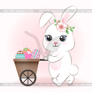Милый кролик и пасхальное яйцо в тележке мультяшное животное - клипарт в векторном виде