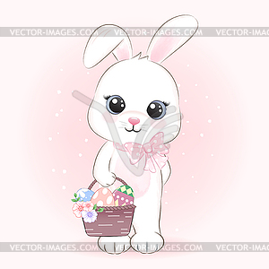 Cute Bunny holding eggs in basket , Easter day - vector clip art