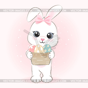 Cute Bunny holding eggs in basket, Easter day - vector clipart