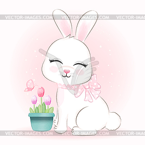 Cute Bunny and tulip in flower pot - vector image