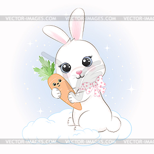 Cute Little Rabbit and carrot on cloud - vector clipart