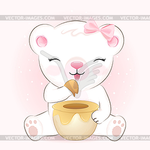 Cute little bear and honey jar, cartoon - vector clip art