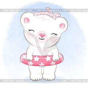 Cute little bear with swim inflatable rubber ring - vector image